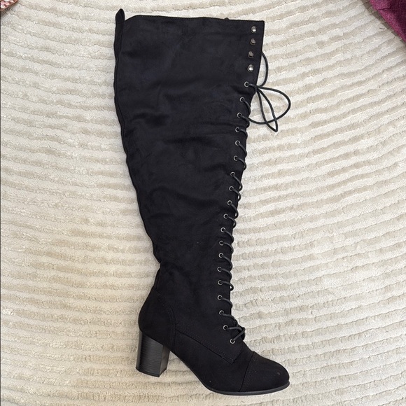 Room of Fashion Shoes - Black Lace-Up Faux Suede Knee-High Boots